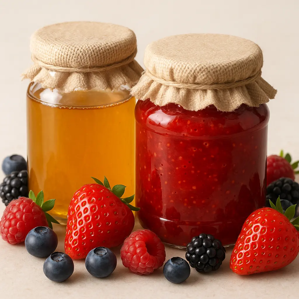 A beautiful display of homemade jam, honey, and fresh berries.